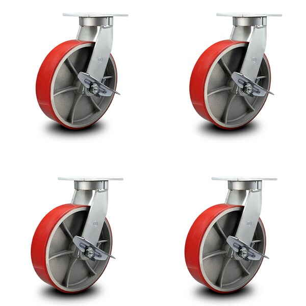 12 Inch Heavy Duty Red Poly on Cast Iron Swivel Caster Set with Brakes, 4PK